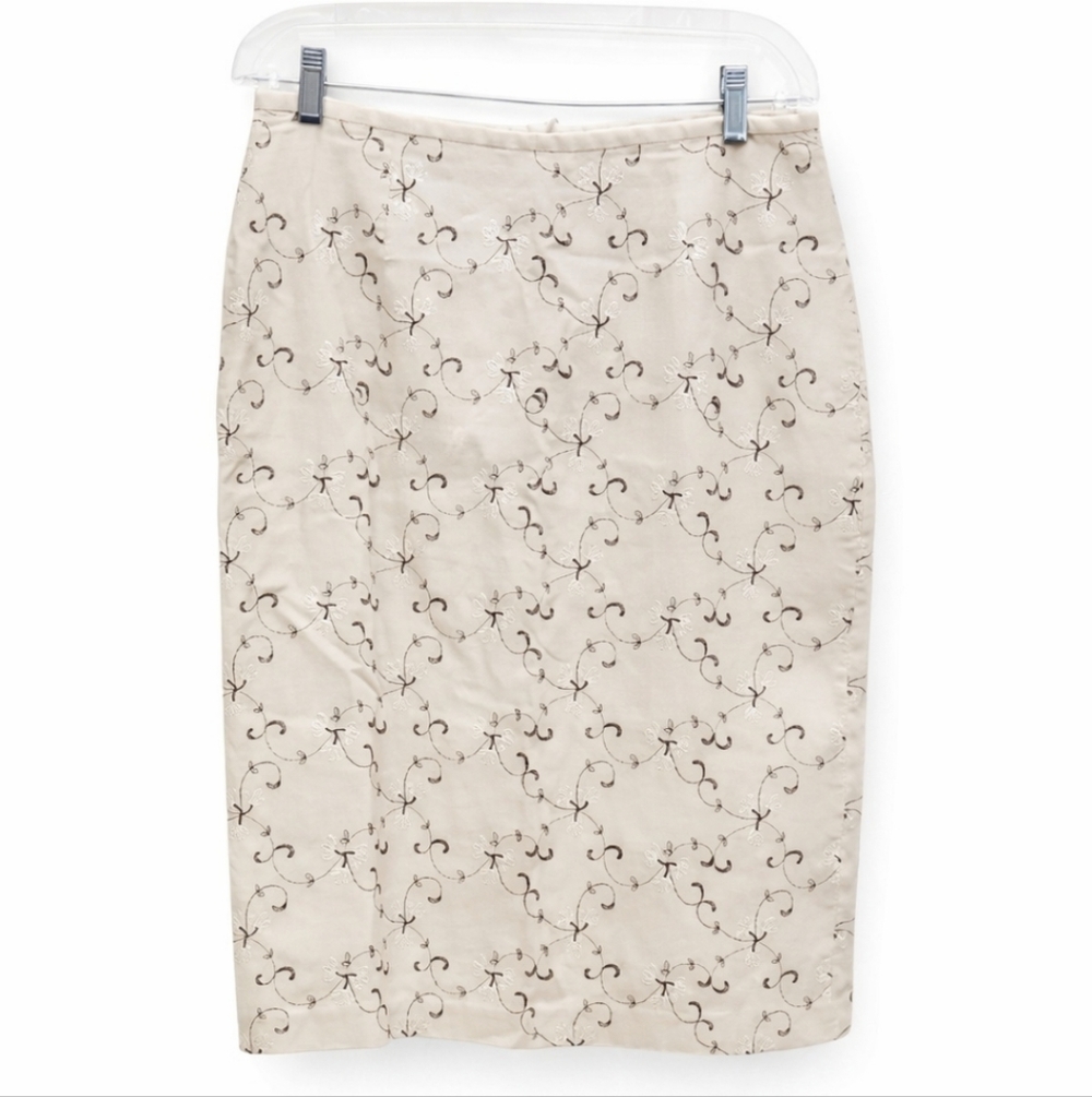 Nicole Studio Cream Brown Embroidered Linen Blend Knee Length Skirt Sz 12